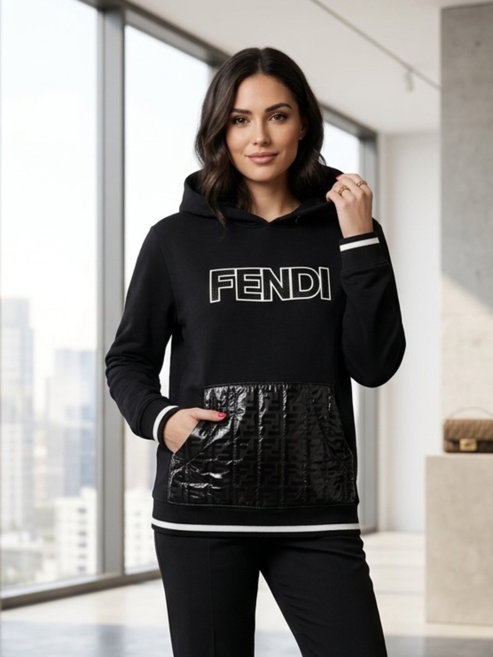 Black Rhinestone Quilt Pocket Designer Inspired Top SweatShirt Hoodie Large
